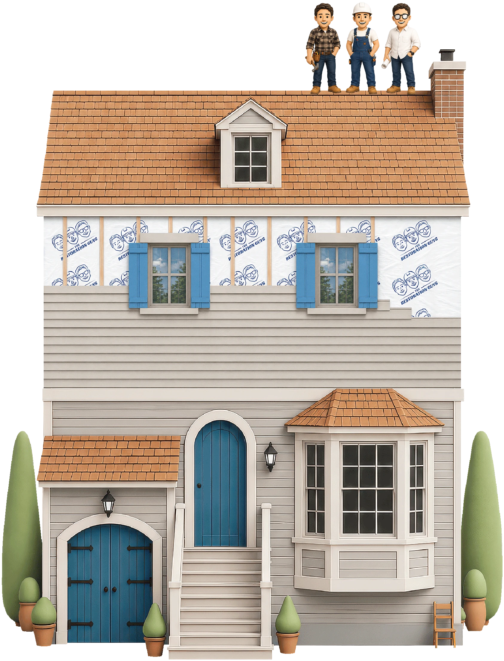 Illustration of a house showing the roof, gutters, siding, windows and doors, with the Restoration Guys team